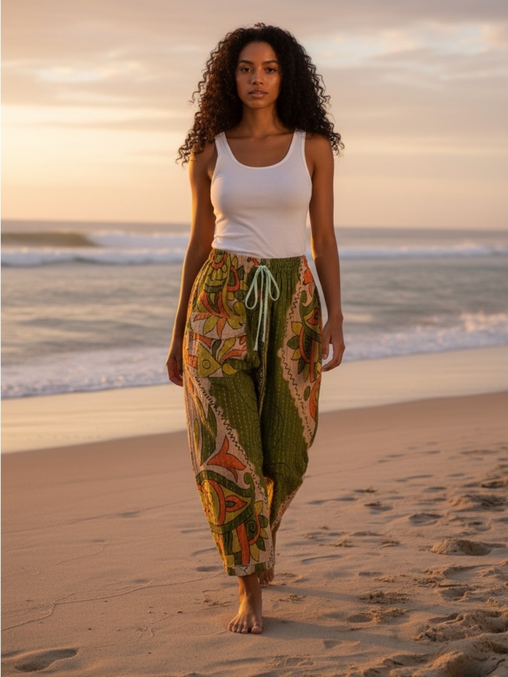 KANTHA Wide leg cropped pants ITEM 14 Boho custom wearable art up to 21” waist.